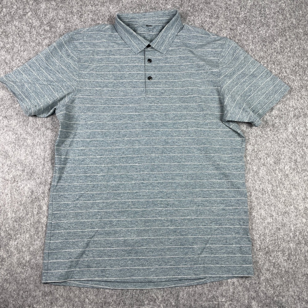 Lululemon Polo‎ Shirt Mens XL Blue Striped Propel Short Sleeve Golf Top